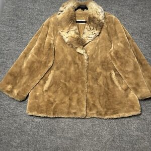 Pamela McCoy Coat Womens 2X Brown Faux Fur Leopard Trim Collar Mid Length USA‎